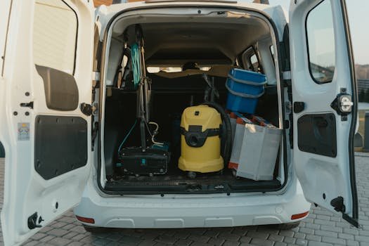 pexels-photo-6196228-6196228 A van with cleaning supplies reveals its open trunk filled with tools and equipment.